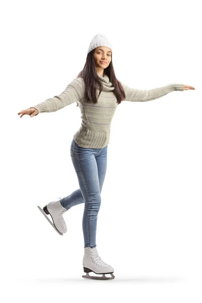 Bautiful Young Woman Ice Skating Looking Camera Isolated White Background — Stock Photo, Image