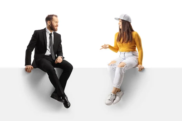 Prfessional Man Suit Tie Sitting Panel Listening Young Female Casual — Stock Photo, Image