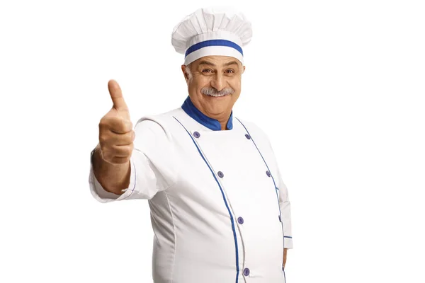 Maduro Masculino Chef Sorrindo Mostrando Polegar Até Gesto Isolado Fundo — Fotografia de Stock