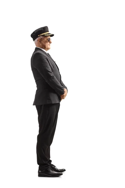 Volledige Profielopname Van Een Chauffeur Een Uniform Staande Geïsoleerd Witte — Stockfoto