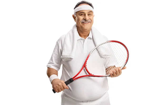 Hombre Maduro Sonriente Con Raqueta Tenis Diadema Aislada Sobre Fondo — Foto de Stock