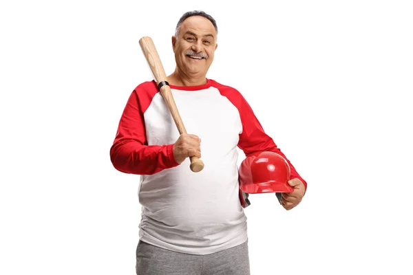 Hombre Maduro Sosteniendo Bate Béisbol Casco Rojo Aislado Sobre Fondo —  Fotos de Stock