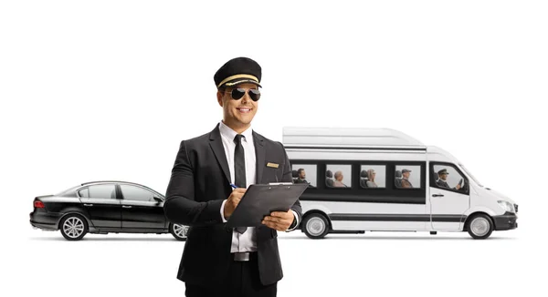 Chauffeur Clipboard Standing Front Mini Bus Shuttel Black Car Isolated — Stock Photo, Image