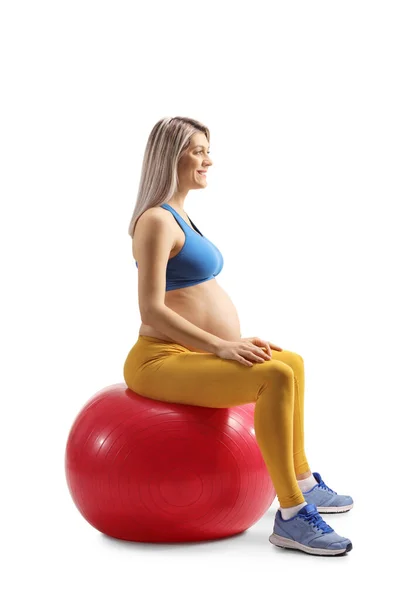 Foto Perfil Completo Una Mujer Embarazada Sentada Una Pelota Fitness — Foto de Stock