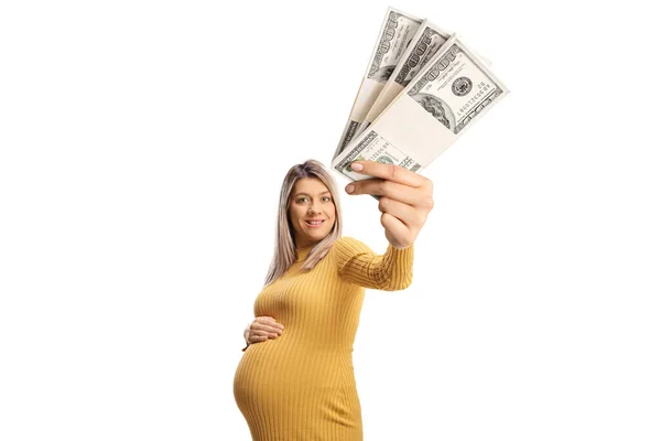 Pregnant Woman Holding Money Front Camera Isolated White Background — Stock Photo, Image