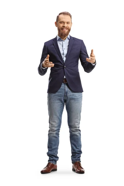 Full Längd Porträtt Ung Man Kostym Och Jeans Ler Och — Stockfoto