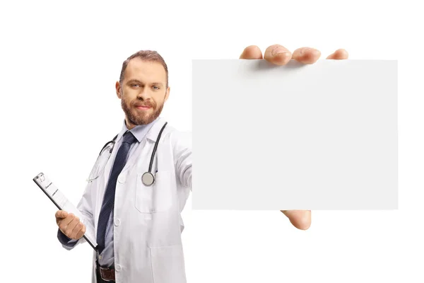 Young Male Doctor Holding Blank Cardboard Front Camera Isolated White — Stock Photo, Image