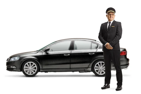 Full Length Portret Van Een Chauffeur Een Uniform Staan Voor — Stockfoto