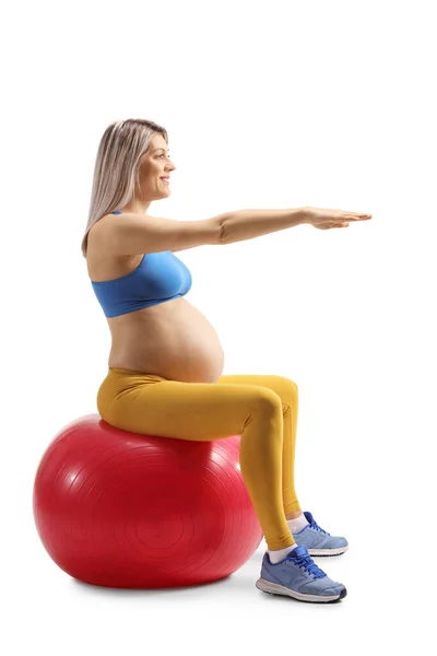 Full Length Profile Shot Pregnant Woman Crop Top Sitting Fitness — Stock Photo, Image