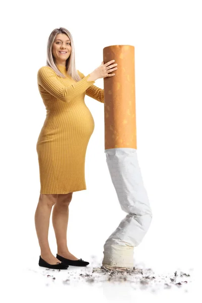 Pregnant Woman Smiling Putting Big Cigarette Isolated White Background — Stock Photo, Image