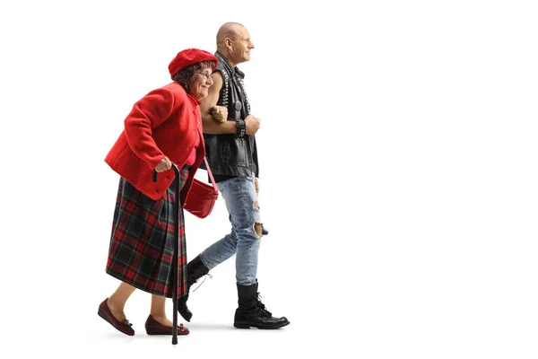 Punk Holding Elderly Lady Arm Walking Isolated White Background — Stock Photo, Image