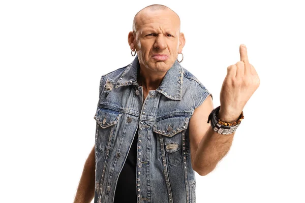 Rude Bald Man Showing Middle Finger Isolated White Background — Stock Photo, Image