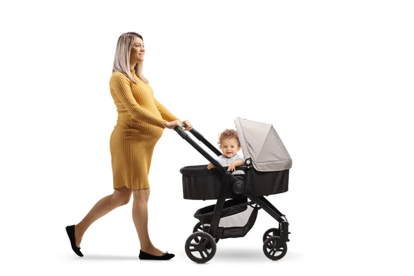 Full Length Profile Shot Pregnant Woman Walking Pushing Child Stroller — Stock Photo, Image