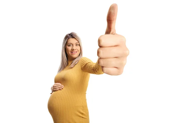 Mujer Embarazada Mostrando Pulgares Hacia Arriba Delante Cámara Aislada Sobre — Foto de Stock