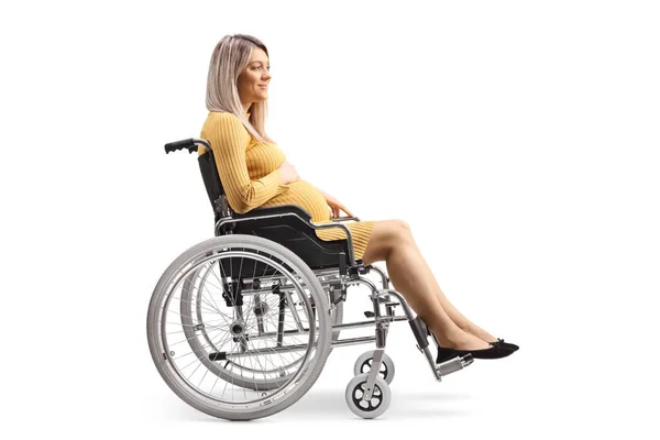 Full Length Profile Shot Pregnant Woman Sitting Wheelchair Isolated White — Stock Photo, Image