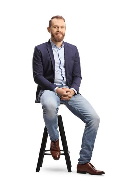 Full Length Portrait Man Suit Jeans Sitting Bar Chair Isolated — Stock Photo, Image