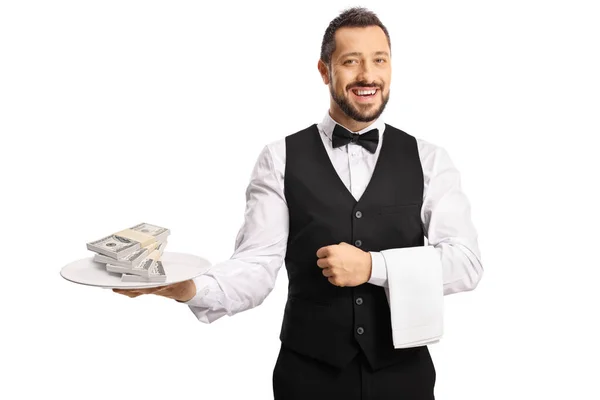 Male Server Holding Plate Stacks Money Isolated White Background — Stock Photo, Image