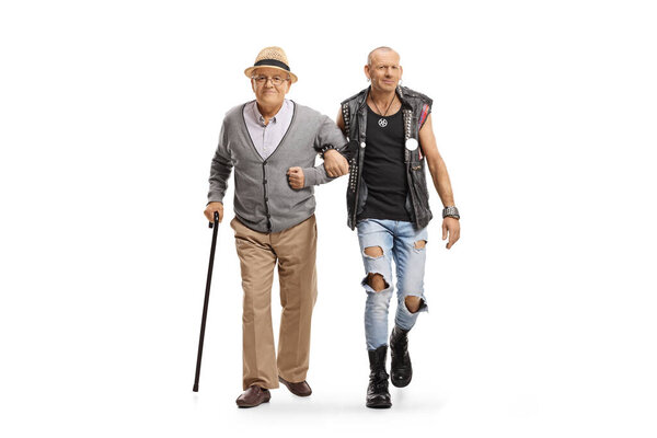 Full length portrait of a bald man and elderly man walking towards camera isolated on white background