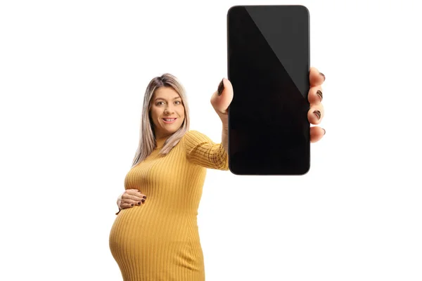 Беременная Женщина Показывает Смартфон Перед Камерой Изолированы Белом Фоне — стоковое фото