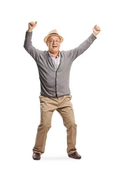 Full Length Portrait Happy Elderly Man Dancing Arms Isolated White — Stock Photo, Image