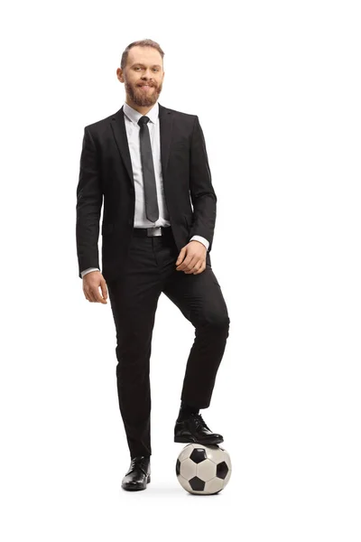 Full Length Portrait Young Man Suit Tie Posing Football His — Stock Photo, Image