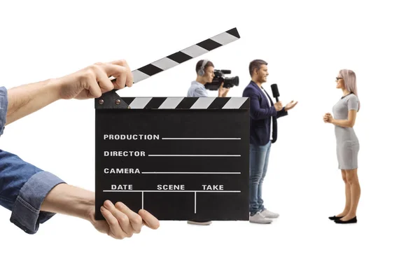 Clapper Board Front Male Reporter Interviewing Young Woman Isolated White — Stock Photo, Image