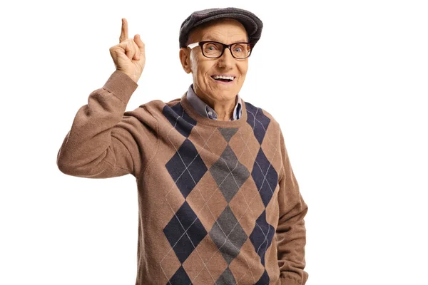 Happy Senior Man Pointing Isolated White Background — Stock Photo, Image