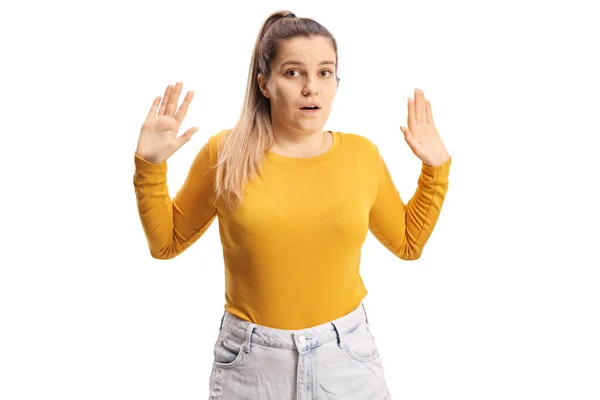 Scared Young Casual Female Gesturing Hands Isolated Blue Background — Stock Photo, Image