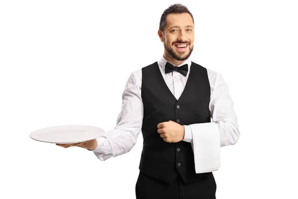 Garçom Profissional Segurando Uma Placa Vazia Sorrindo Isolado Fundo Branco — Fotografia de Stock