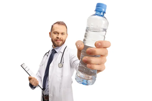 Young Male Doctor Holding Clipboard Bottle Water Isolated White Background — Stock Photo, Image