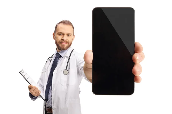 Young Male Doctor Holding Clipboard Smartphone Front Camera Isolated White — Stock Photo, Image