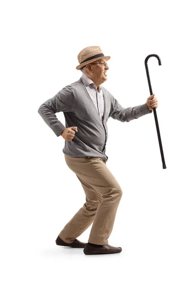 Gelukkige Oudere Man Met Een Wandelende Stok Dansen Geïsoleerd Witte — Stockfoto