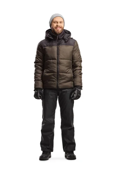 Full Length Portrait Man Winter Jacket Pants Standing Isolated White — Stock Photo, Image
