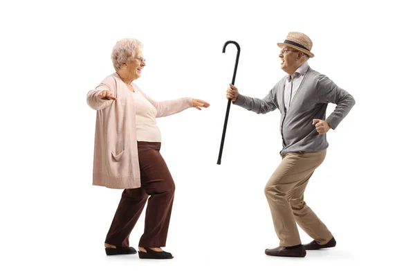 快乐的老年男女在白人背景下独自跳舞 — 图库照片