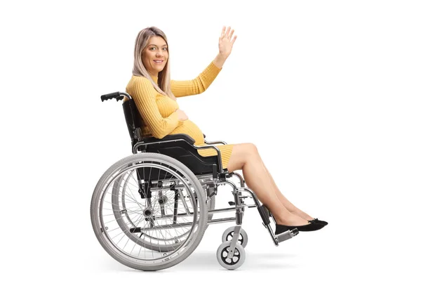 Full Length Profile Shot Pregnant Woman Sitting Wheelchair Waving Isolated — Stock Photo, Image