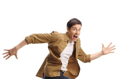 Beyaz arka plan üzerinde izole heyecanlı genç adam