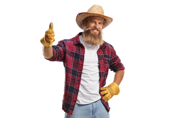 Joven Agricultor Con Guantes Sombrero Paja Que Muestra Los Pulgares —  Fotos de Stock