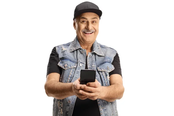 Opgewonden Volwassen Man Een Denim Vest Met Behulp Van Een — Stockfoto