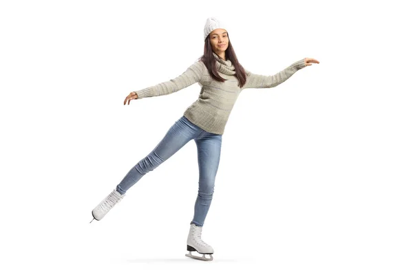 Bautiful Young Woman Casual Clothes Ice Skating Looking Camera Isolated — Stock Photo, Image