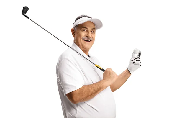 Uomo Maturo Sorridente Possesso Una Mazza Golf Una Palla Isolata — Foto Stock