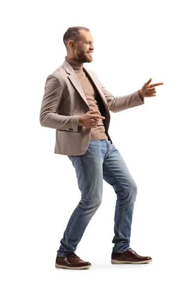 Full Length Profile Shot Young Man Dancing Gesturing Fingers Απομονωμένα — Φωτογραφία Αρχείου