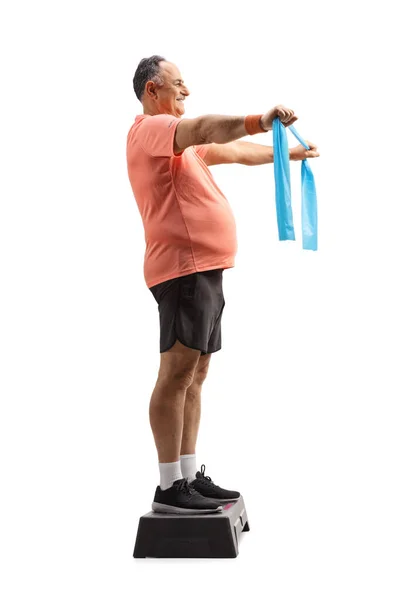 Full Length Profile Shot Mature Man Sportswear Exercising Stretch Strap — Stock Photo, Image