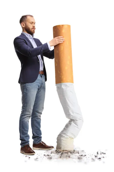 Young Man Suit Jeans Putting Big Cigarette Isolated White Background — Stock Photo, Image