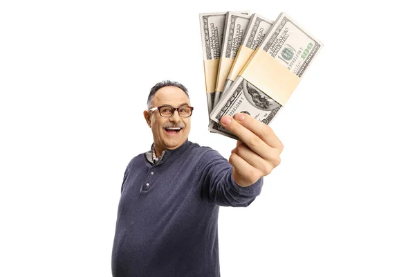 Happy Mature Man Showing Cash Front Camera Isolated White Background — Stock Photo, Image