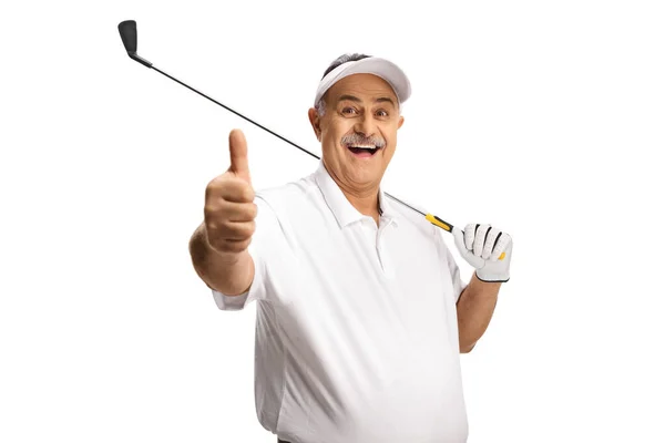 Érett Ember Mosolyog Kezében Egy Golf Klub Gesztikuláló Hüvelykujj Fel — Stock Fotó