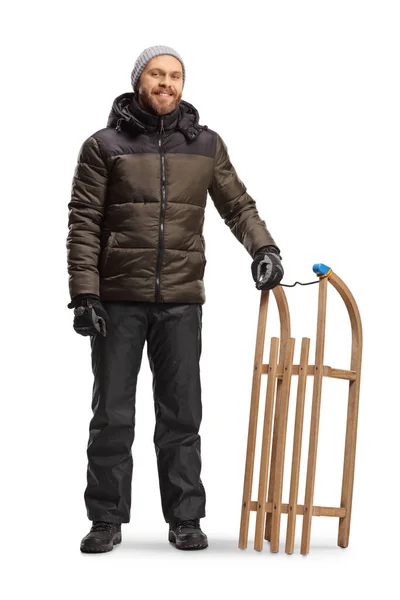 Full Length Portrait Smiling Young Man Winter Clothes Standing Sled — Stock Photo, Image