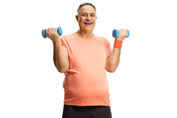 Gelukkig Volwassen Man Oefenen Met Halters Glimlachen Geïsoleerd Witte Achtergrond — Stockfoto