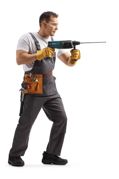 Full Length Profile Shot Worker Protective Goggles Working Drilling Machine — Stock Photo, Image