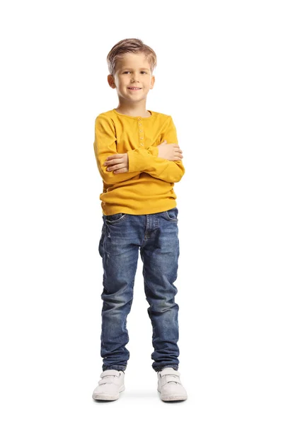 Full Length Portrait Boy Posing Crossed Arms Isolated White Background — Stock Photo, Image