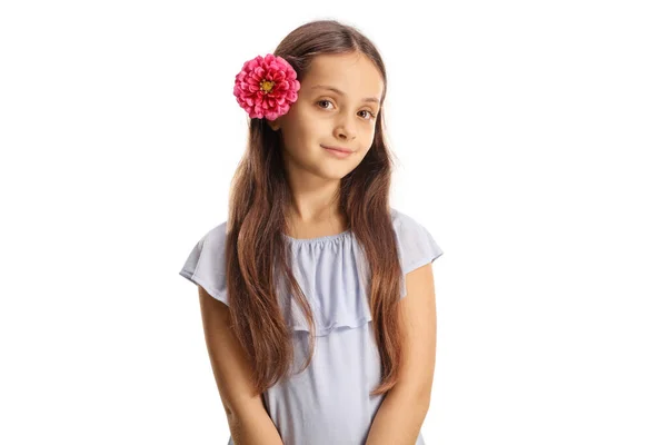 Retrato Uma Menina Bonita Com Flor Seu Cabelo Isolado Fundo — Fotografia de Stock